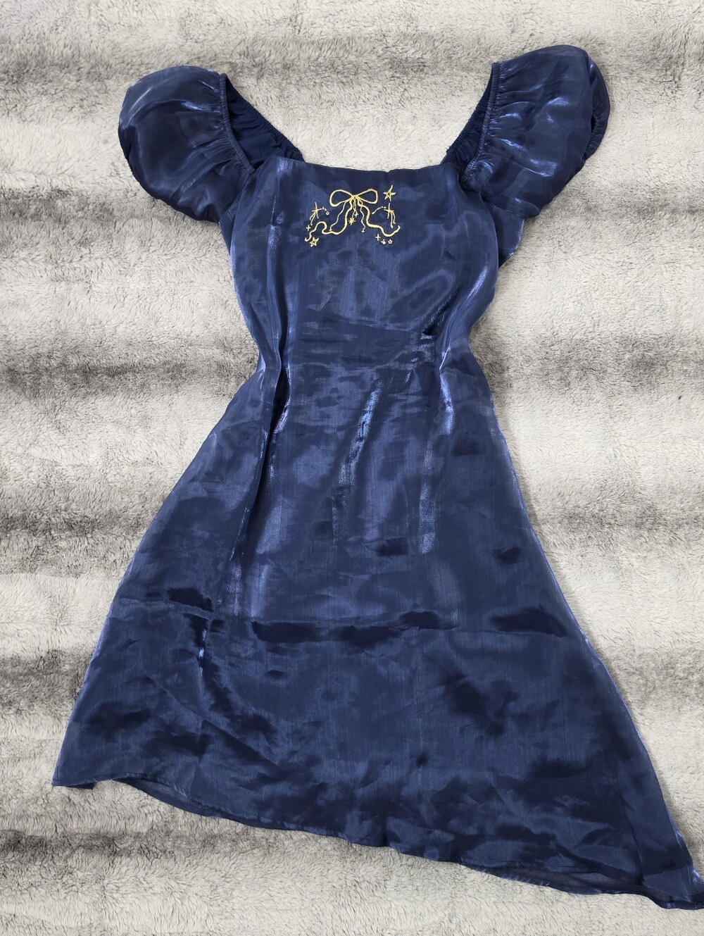 Sixth Dimension Asymmetrical Hem Puff Sleeve Satin Blue Corset Back Dress Large